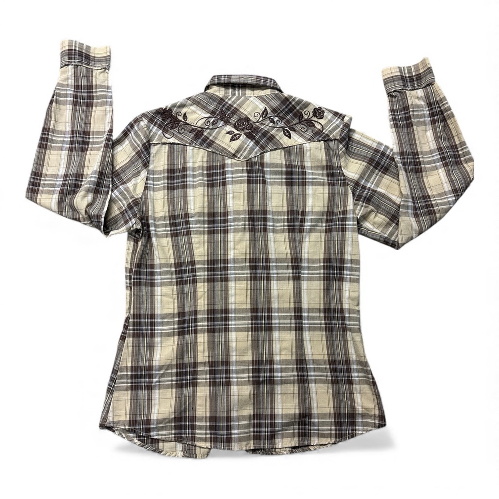 Roper Women’s Beige Plaid Snap Shirt, size medium - Picture 8 of 9